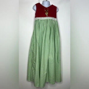 The fancy feather girls red green Christmas deer plaid long dress sz 6T